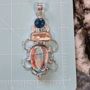 Costume Jewelry Blue Stone, Pearl And Rainbow Stone Drop Pendant